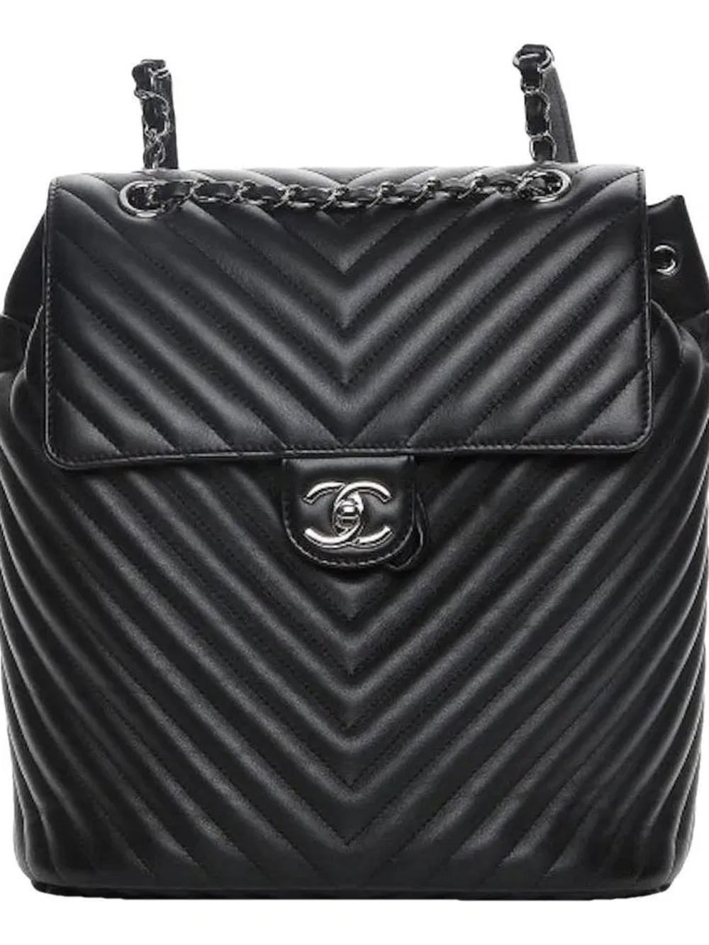 CHANEL Black Chevron Quilted Leather Backpack with Chain Straps